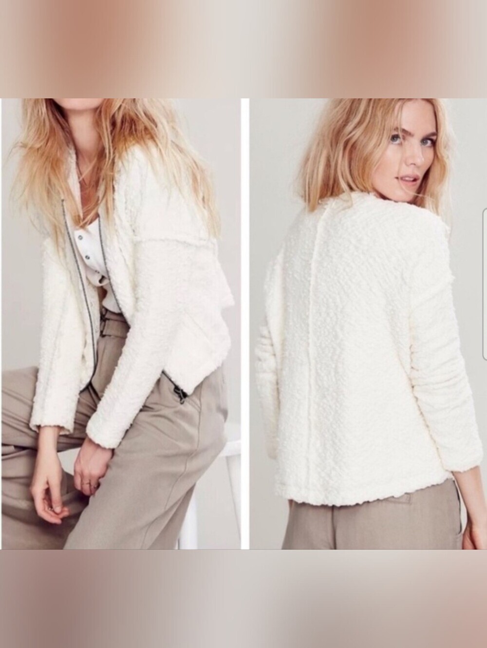 Free People Favorite Crush Textured Zip Up Jacket Ivory Boho Oversized S Rare